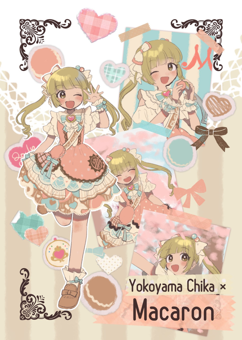 1girl bag blonde_hair blunt_bangs blush bow bowtie brown_footwear character_name cherry_blossoms child closed_mouth collar detached_sleeves dress english_text food food-themed_clothes frilled_collar frilled_dress frills hair_ornament hair_ribbon hand_up heart highres holding holding_food idolmaster idolmaster_cinderella_girls long_hair macaron monakocoa one_eye_closed open_mouth ribbon short_sleeves shoulder_bag skirt_hold smile socks solo solo_focus standing standing_on_one_leg tape tree twintails waving wrist_cuffs yellow_eyes yokoyama_chika