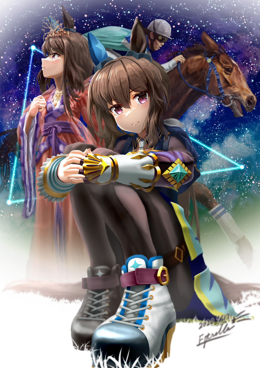 1boy 2girls absurdres admire_vega_(racehorse) admire_vega_(umamusume) altair_(star) animal_ears artist_name black_pantyhose blue_capelet bracer bridle brown_hair capelet cosplay creature_and_personification dated deneb_(star) ear_covers ear_ornament estrella_(uypu4574) gem highres holding holding_reins horse horse_ears horse_girl japanese_clothes jockey kimono looking_at_viewer looking_up multiple_girls multiple_persona name_connection orihime orihime_(cosplay) pantyhose purple_eyes reins shoes signature single_ear_cover starry_background take_yutaka tanabata the_weaver_girl_and_the_cowherd tiara umamusume vega_(star) wide_sleeves