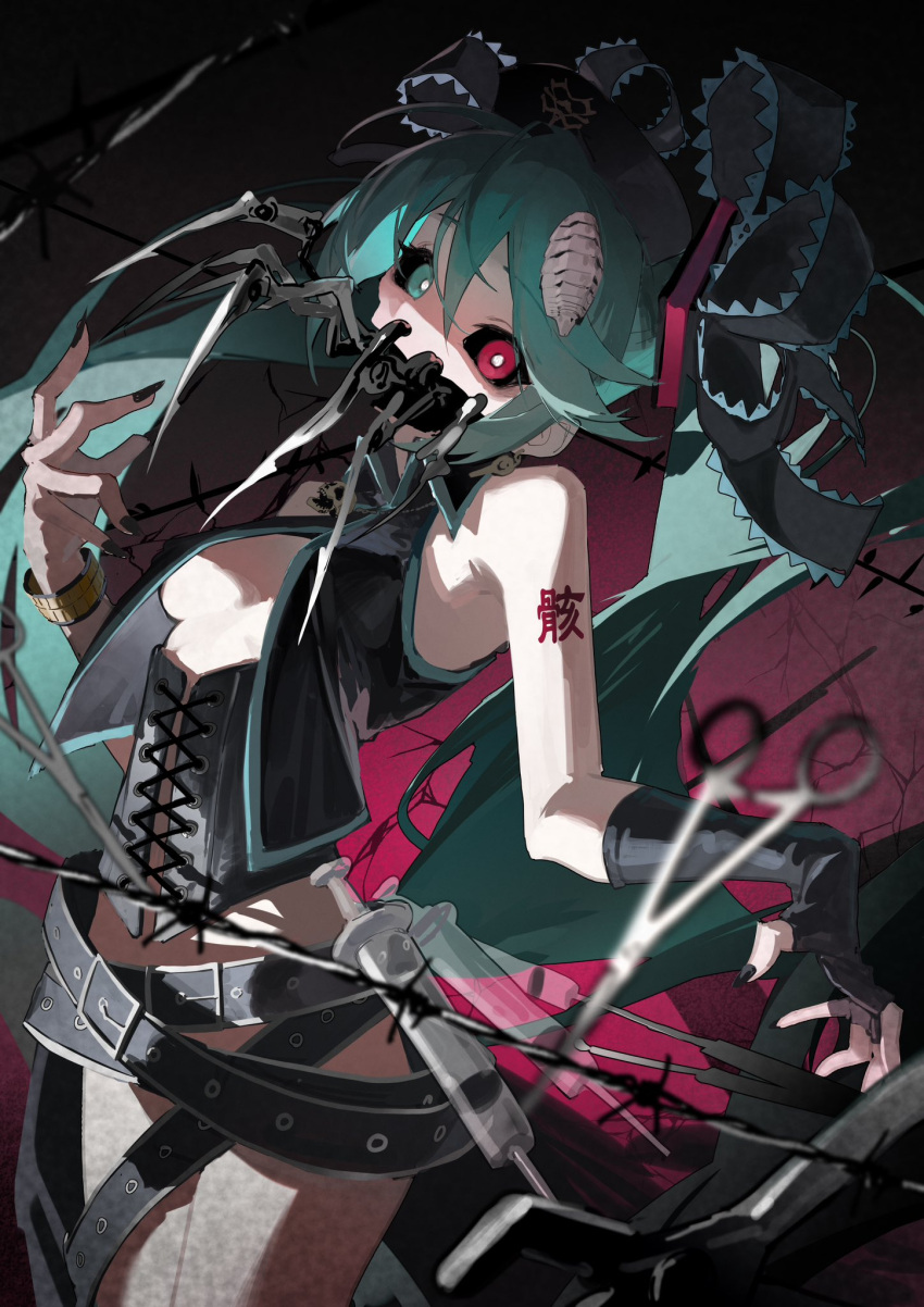 1girl absurdly_long_hair aqua_eyes aqua_hair arm_tattoo bare_legs bare_shoulders belt black_belt black_gloves black_nails breasts bright_pupils covered_mouth earrings fingerless_gloves gloves hair_between_eyes hair_ornament hatsune_miku heterochromia highres jewelry jiu_ye_sang long_hair looking_at_viewer multiple_belts nail_polish necklace needle open_clothes red_eyes scissors shaded_face shadow sidelocks single_fingerless_glove skull_necklace smile solo tattoo twintails very_long_hair vocaloid watch white_pupils wristwatch