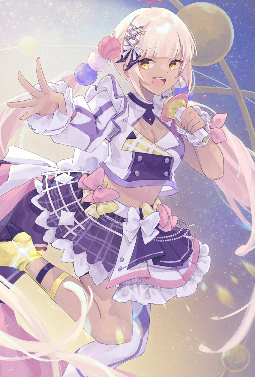 1girl :d absurdres asymmetrical_clothes asymmetrical_legwear asymmetrical_sleeves bow breasts buttons cleavage_cutout clothing_cutout crop_top dark-skinned_female dark_skin double-breasted earrings hair_ornament high_heels highres holding holding_microphone hololive hololive_english hololive_idol_uniform_(bright) idol idol_clothes jewelry kotake_8 large_breasts leg_up light_brown_hair long_hair long_sleeves looking_at_viewer microphone midriff navel night night_sky open_mouth pantyhose pink_bow plaid plaid_skirt planet_hair_ornament pleated_skirt purple_skirt ribbon shirt sidelocks single_earring single_leg_pantyhose skirt sky sleeveless smile solo star_(sky) starry_sky teeth tongue tsukumo_sana twintails upper_teeth_only very_long_hair virtual_youtuber white_bow white_skirt yellow_bow yellow_eyes yellow_footwear