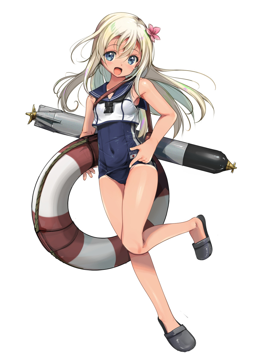 1girl absurdres black_neckerchief black_one-piece_swimsuit blonde_hair blue_eyes blue_sailor_collar breasts covered_navel crop_top flower full_body hair_flower hair_ornament highres kantai_collection lifebuoy long_hair neckerchief old_school_swimsuit one-piece_swimsuit one-piece_tan ro-500_(kancolle) sailor_collar sandals school_swimsuit shirt sleeveless sleeveless_shirt small_breasts smile solo swimsuit tan tanlines torpedo yashin_(yasinz)