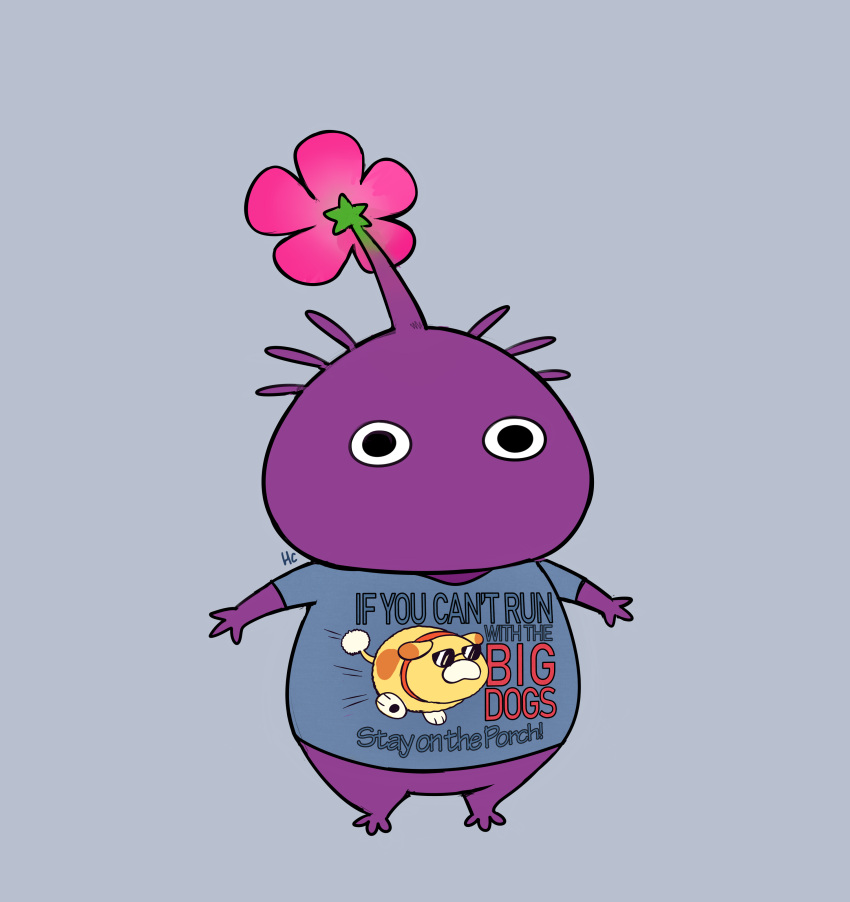 3_fingers 3_toes absurd_res ambiguous_gender bottomless clothed clothing elemental_creature english_text featureless_crotch feet fingers flora_fauna flower full-length_portrait happycrumble hi_res humanoid nintendo not_furry oatchi pikmin pikmin_(species) plant portrait purple_body purple_pikmin shirt signature solo standing t-shirt text toes topwear