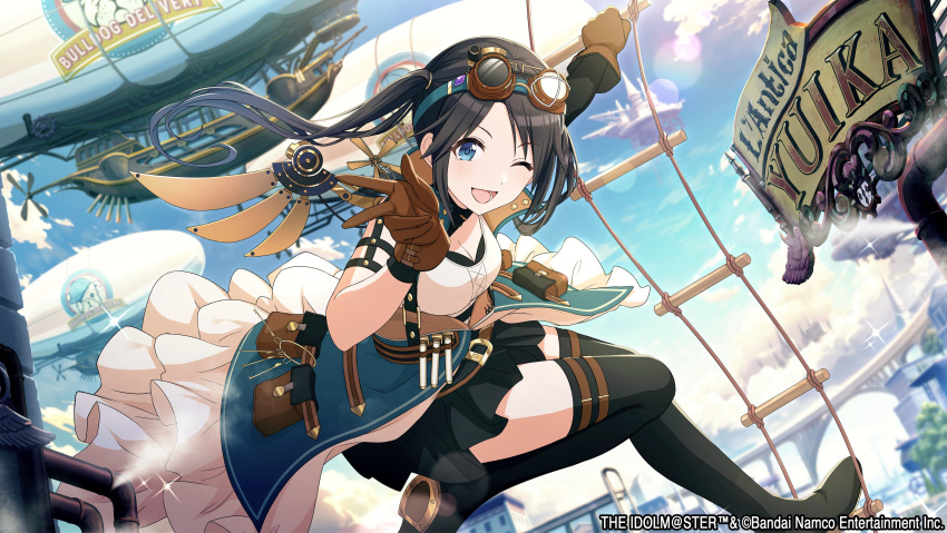 1girl absurdres aircraft aqua_skirt arm_strap belt belt_pouch black_footwear black_hair black_skirt blue_eyes blush boots breasts brown_gloves character_name cleavage cloud commentary_request day dirigible floating_hair frilled_skirt frills game_cg gloves goggles goggles_on_head highres holster idolmaster idolmaster_shiny_colors industrial_pipe ladder leg_up lens_flare long_hair looking_at_viewer mechanical_wings mitsumine_yuika no_eyewear official_art one_eye_closed open_mouth outdoors overskirt parted_bangs pleated_skirt pouch shirt single_wing skirt sleeveless sleeveless_shirt small_breasts smile solo sparkle steam steampunk thigh_boots twintails w wings
