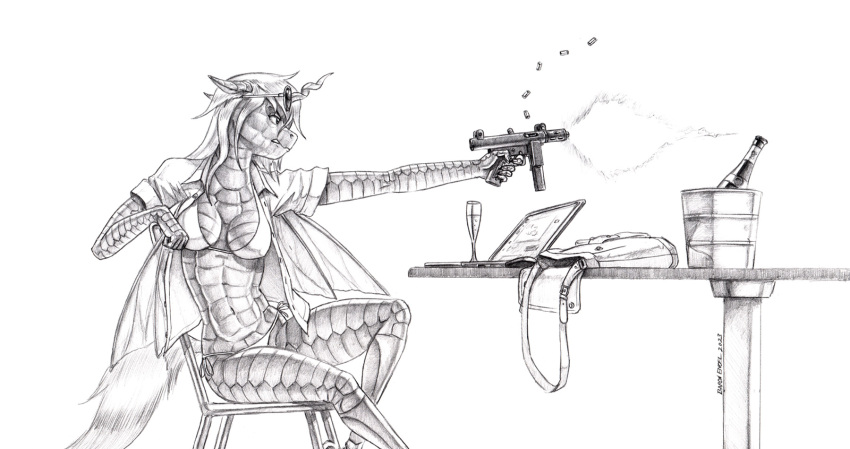 2023 alcohol anthro arthropod baron_engel beverage bikini breasts bucket chair champagne champagne_glass changeling clothed clothing container eyebrows eyewear eyewear_on_head female friendship_is_magic furniture graphite_(artwork) gun hair handbag hasbro hi_res holding_gun holding_object holding_weapon horn insect_wings long_hair monochrome my_little_pony navel open_clothing open_shirt open_topwear pencil_(artwork) queen_chrysalis_(mlp) ranged_weapon shirt shooting side-tie_bikini sitting solo story story_in_description string_bikini submachine_gun sunglasses sunglasses_on_head swimwear table topwear traditional_media_(artwork) weapon wings