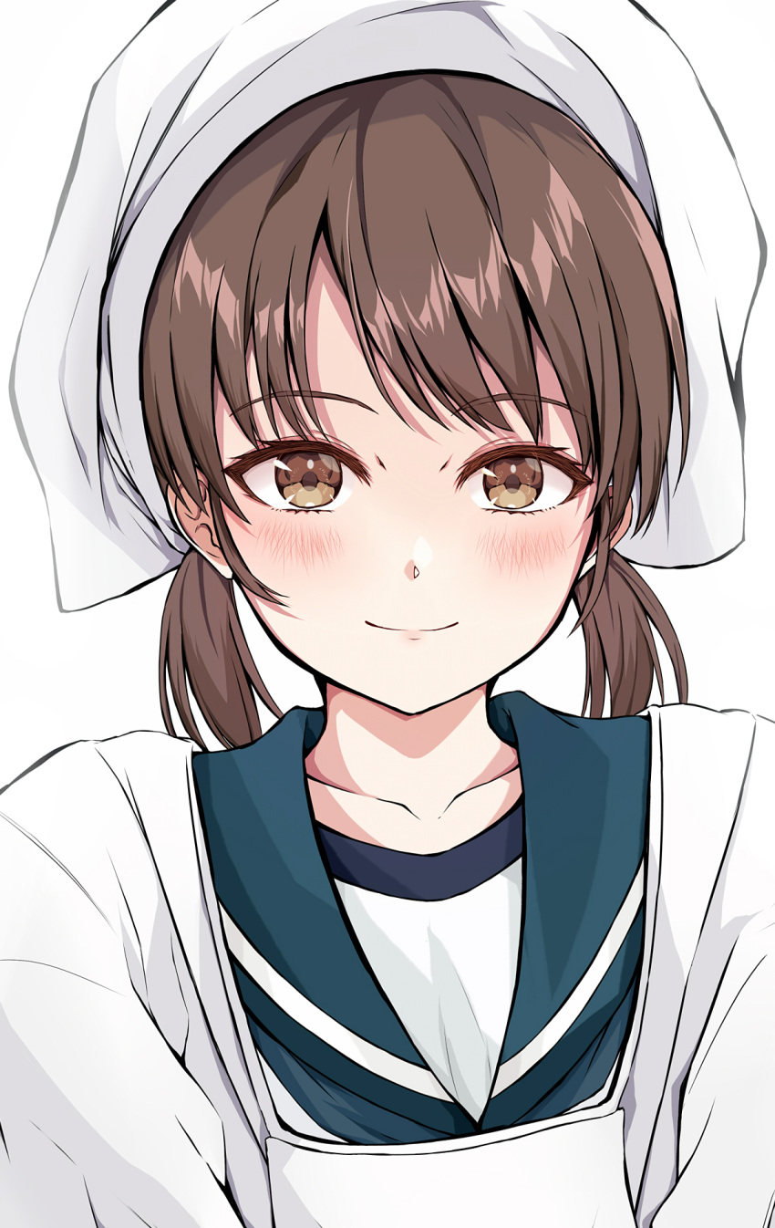 1girl apron blush brown_eyes brown_hair closed_mouth dairyo3 green_sailor_collar head_scarf highres kantai_collection kappougi looking_at_viewer portrait sailor_collar school_uniform serafuku shirayuki_(kancolle) short_hair short_twintails simple_background smile solo twintails white_background white_headwear