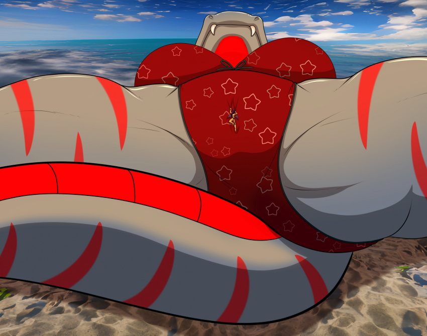 anthro beach breasts climbing clothing dragon duo fangs female female/female feralcatalyst grey_body grey_skin hi_res macro micro muscular_thighs outside red_stripes seaside size_difference stripes succubus swimwear tail teeth wings