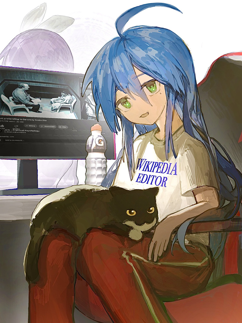 blue_hair cat chair computer gaming_chair gatorade green_eyes hair_between_eyes highres hiiragi_tsukasa izumi_konata lucky_star maxwell_the_cat meme mole mole_under_eye nikolas_cruz nikolas_cruz_interrogation_(meme) open_mouth purple_hair root65 shirt sitting swivel_chair white_shirt wikipedia youtube