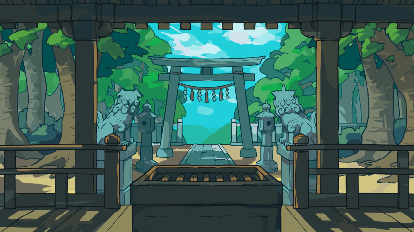 architecture blue_sky box cloud commentary_request day doggo_1d34 donation_box east_asian_architecture forest hakurei_shrine highres komano_aunn komano_aunn_(komainu) nature no_humans rope scenery shide shimenawa shrine sky statue stone_lantern torii touhou tree