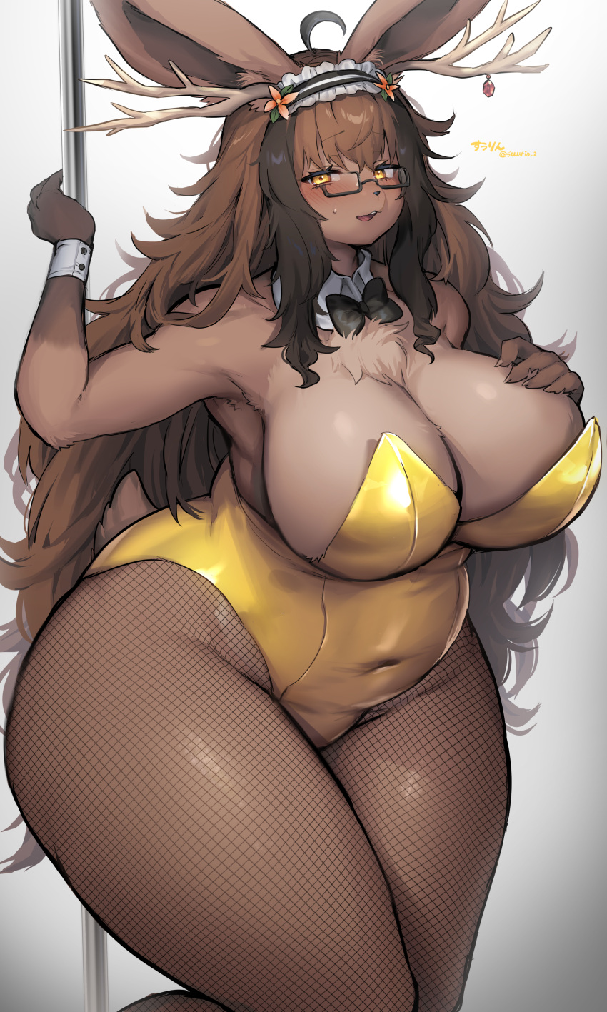 1girl :3 absurdres ahoge animal_ears animal_nose antler_ornament antlers arm_up armpits artist_name bare_shoulders black-framed_eyewear black_bow black_bowtie black_hair blush body_fur bow bowtie breasts brown_fur brown_hair cleavage covered_navel deer_ears deer_girl deer_tail detached_collar flower frilled_hairband frills furry furry_female gem glasses grey_background groin hair_flower hair_ornament hairband hand_on_own_chest highres hip_focus huge_breasts leotard long_hair looking_at_viewer multicolored_hair open_mouth orange_flower original pince-nez playboy_bunny raised_eyebrows red_gemstone reindeer_antlers semi-rimless_eyewear shiny_clothes shiny_skin sidelocks signature simple_background snout solo standing strapless strapless_leotard stripper_pole suurin_(ksyaro) sweat tail teeth thick_thighs thighs traditional_bowtie twitter_username two-tone_hair very_long_hair wide_hips wrist_cuffs yellow_eyes yellow_leotard