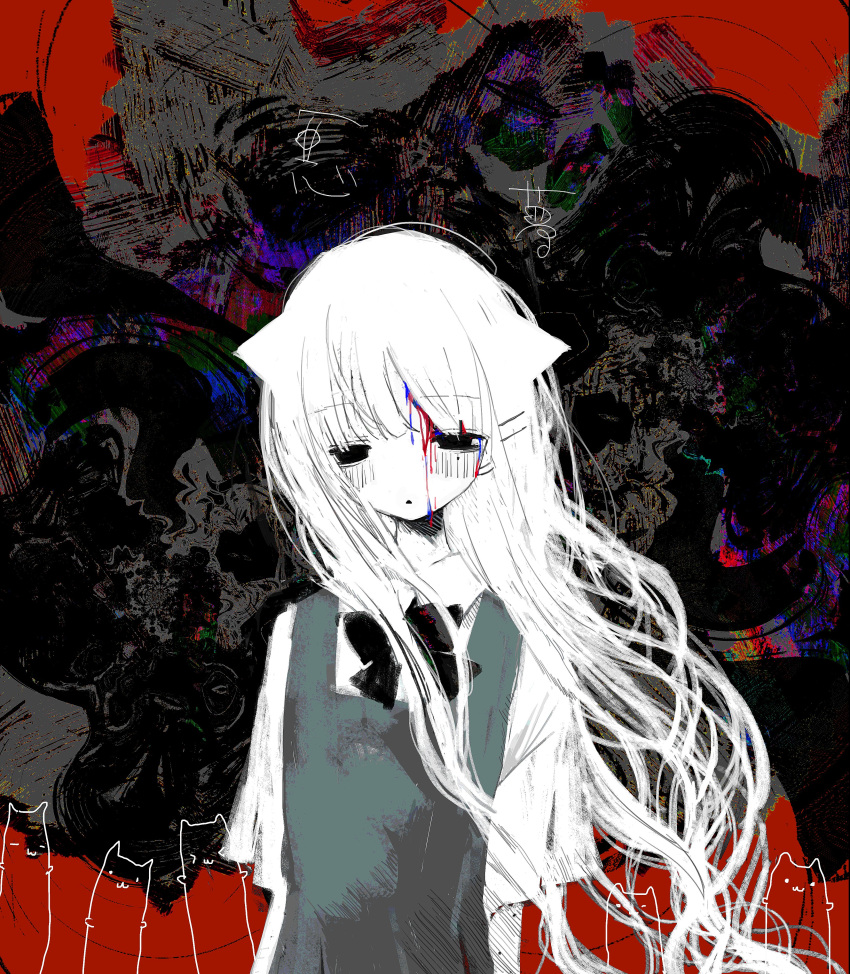 1girl abstract_background absurdres arms_at_sides bleeding_from_forehead blood blood_on_face blue_blood blush bow bowtie collared_shirt colored_skin creature dress floating_hair hair_horns hair_ornament hairclip half-closed_eyes highres long_hair looking_at_viewer mole mole_under_eye multicolored_blood noroi_(rnatataki) open_mouth original pinafore_dress shirt short_sleeves sleeveless sleeveless_dress solo translated triangle_mouth upper_body very_long_hair white_hair white_shirt white_skin