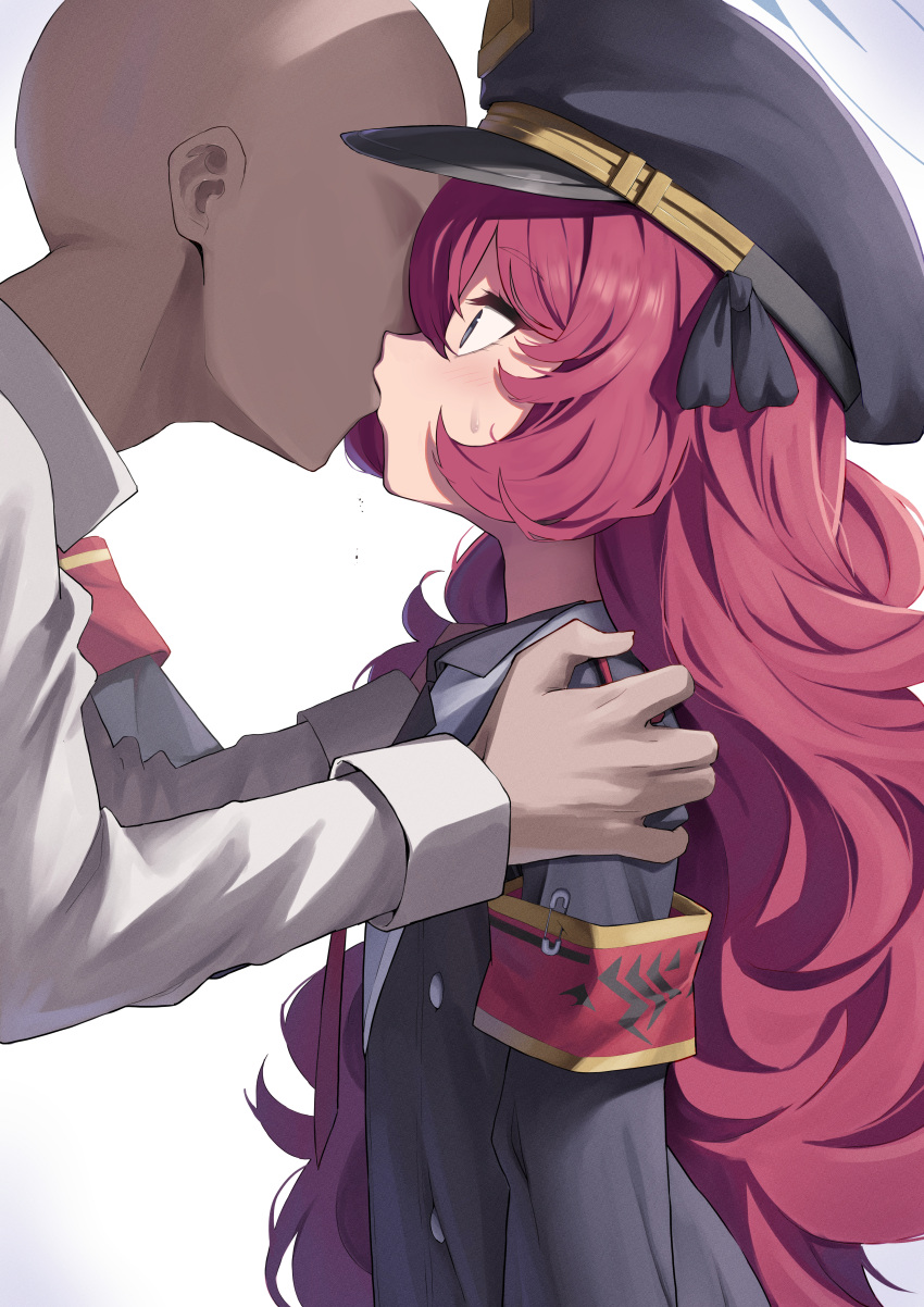 1boy 1girl absurdres black_headwear black_jacket blue_archive blue_eyes blue_halo faceless faceless_male gradient_background halo hand_on_another's_shoulder hat hetero highres iroha_(blue_archive) jacket karadborg kiss long_hair long_sleeves profile red_hair white_background