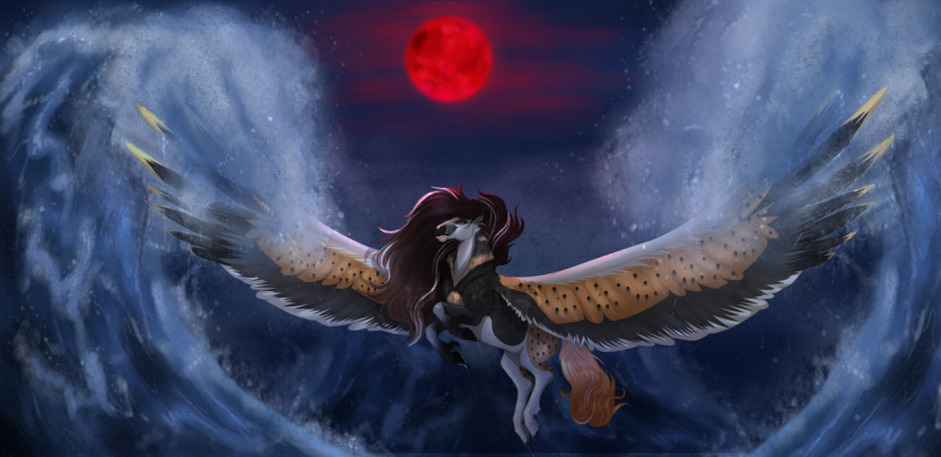ambiguous_gender blood_moon brown_mane clothed clothed_feral clothing equid equine feathered_wings feathers feral full-length_portrait grey_body grey_wings huskii-s mammal mane mouth_closed orange_tail orange_wings pegasus portrait solo spread_wings tail water white_body wings