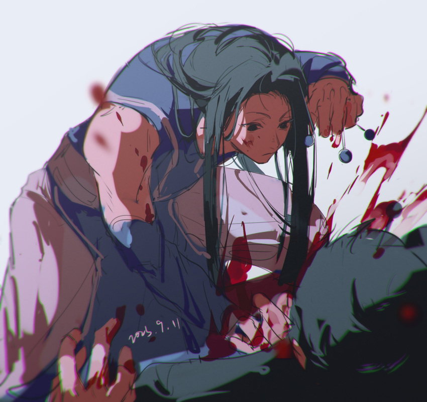 2boys assassin attack black_eyes black_hair blood blood_on_arm blood_on_clothes blood_on_face blood_on_hands chromatic_aberration closed_mouth dated expressionless highres holding holding_needle hunter_x_hunter illumi_zoldyck long_hair looking_at_another looking_down male_focus mei_ren multiple_boys needle simple_background solo_focus standing