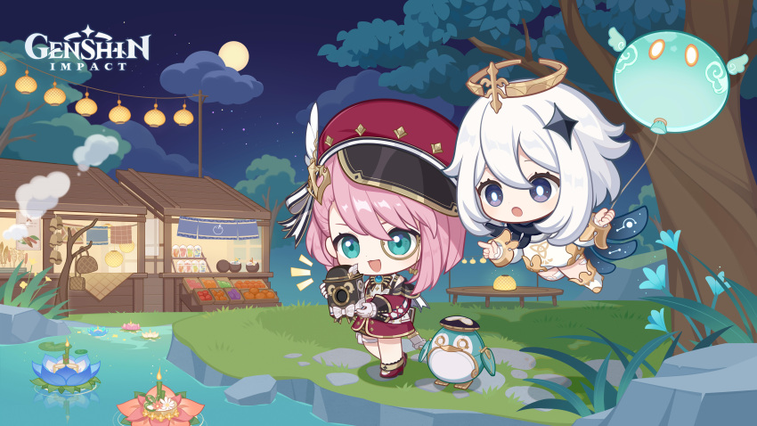 2girls absurdres aqua_eyes balloon cabbie_hat camera charlotte_(genshin_impact) dress genshin_impact gloves hair_between_eyes hair_ornament halo hat highres holding holding_camera kratong long_sleeves loy_kratong monocle multiple_girls official_art open_mouth paimon_(genshin_impact) pink_hair red_headwear river smile tree water white_dress white_gloves white_hair