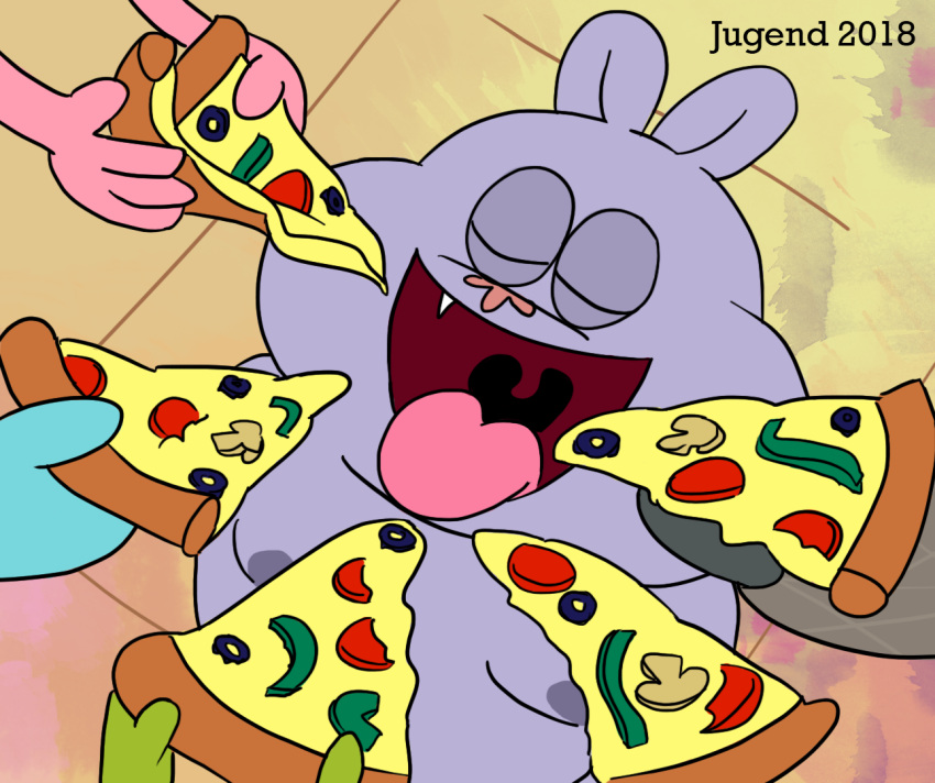 2018 4_fingers anthro bear cartoon_network chowder_(series) chubby_male domestic_cat eyes_closed fangs felid feline felis female fingers food fur group hybrid jugend lagomorph leporid male mammal moobs nipples open_mouth outside panini_(chowder) pizza purple_body purple_fur rabbit teeth tongue