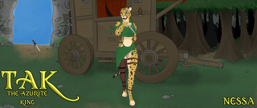 absurd_res ankle_strap anthro arm_guards blue_eyes boots bottomwear breasts cape carriage cart cheetah claws clothed clothing coach coffeekit collar colored crop_top dagger digitigrade digitigrade_boots digitigrade_footwear dirt english_text exposed_belly eye_glint felid feline female foot_claws footwear forest forest_background fur grass green_clothing happy hi_res hood inner_ear_fluff jewelry knife leaf leg_strap legwear mammal medieval medieval_fantasy melee_weapon nail nature nature_background navel necklace open_mouth paw_claws paws pink_nose plant portal red_curtains rock shaded shirt shrub skirt solo spots spotted_body spotted_fur straps sword text thigh_boots thigh_highs thigh_holster toe_claws topwear torch tree tuft underwear weapon yellow_body yellow_fur