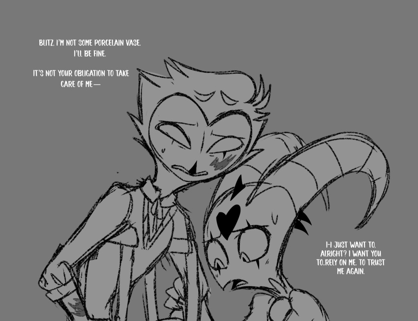 anthro avian bird blitzo_(helluva_boss) crutch dialogue duo grey_background hair helluva_boss hi_res horn imp looking_down male medical_instrument owl owl_demon scientific_instrument short_hair simple_background stolas_(helluva_boss) teathekook text white_text wounded