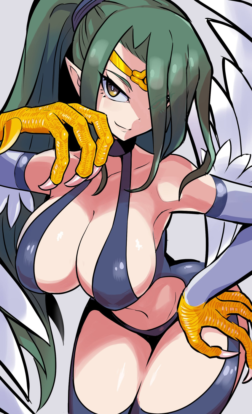 1girl absurdres animal_hands bare_shoulders breasts brown_eyes circlet claws cleavage commentary_request duel_monster feathered_wings feathers green_hair hair_over_one_eye harpie_queen harpy highres large_breasts long_hair monster_girl navel pointy_ears ponytail revealing_clothes simple_background smile solo thighhighs wadatsumi_(sense11531153) white_background white_wings winged_arms wings yu-gi-oh!