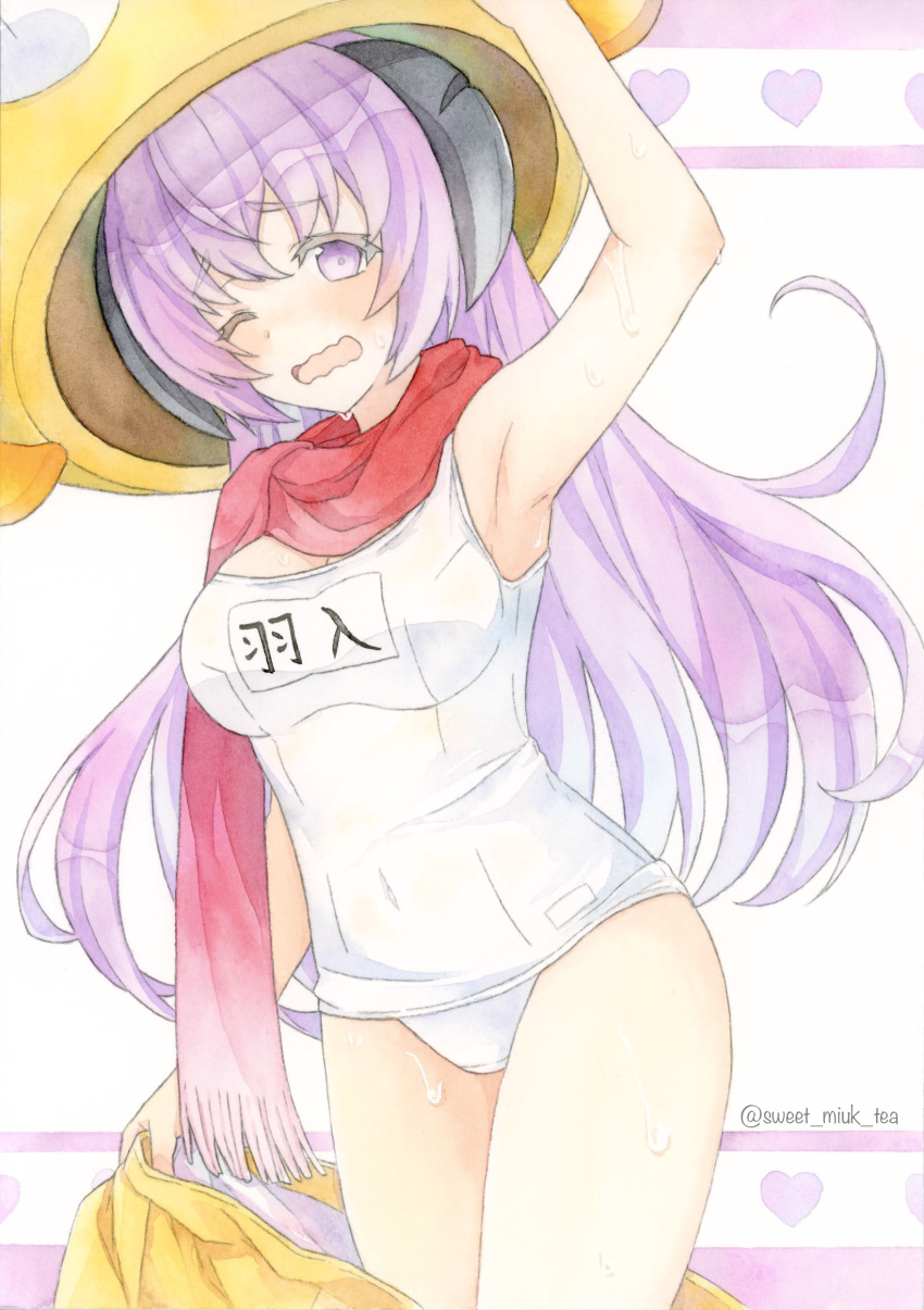 1girl alternate_color_school_swimsuit animal_costume arm_up armpit_crease armpits blush breasts colored_eyelashes cosplay covered_navel demon_horns embarrassed floating_hair hair_between_eyes hanyuu heart highres higurashi_no_naku_koro_ni horns long_hair medium_breasts multiple_horns name_tag official_alternate_costume old_school_swimsuit one-piece_swimsuit one_eye_closed open_mouth painting_(medium) purple_eyes purple_hair raised_eyebrows red_scarf sakutarou_(umineko) sakutarou_(umineko)_(cosplay) scarf school_swimsuit school_swimsuit_flap simple_background solo standing sweat sweet_miuk_tea swimsuit traditional_media twitter_username watercolor_(medium) wavy_mouth white_one-piece_swimsuit