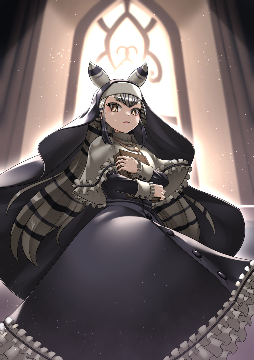 1girl animal_ears animal_print bible_(object) black_skirt chapman's_zebra_(kemono_friends) church extra_ears highres kawanami_eito kemono_friends long_hair looking_at_viewer nun robe skirt solo sunlight veil white_robe yellow_eyes zebra_ears zebra_girl zebra_print