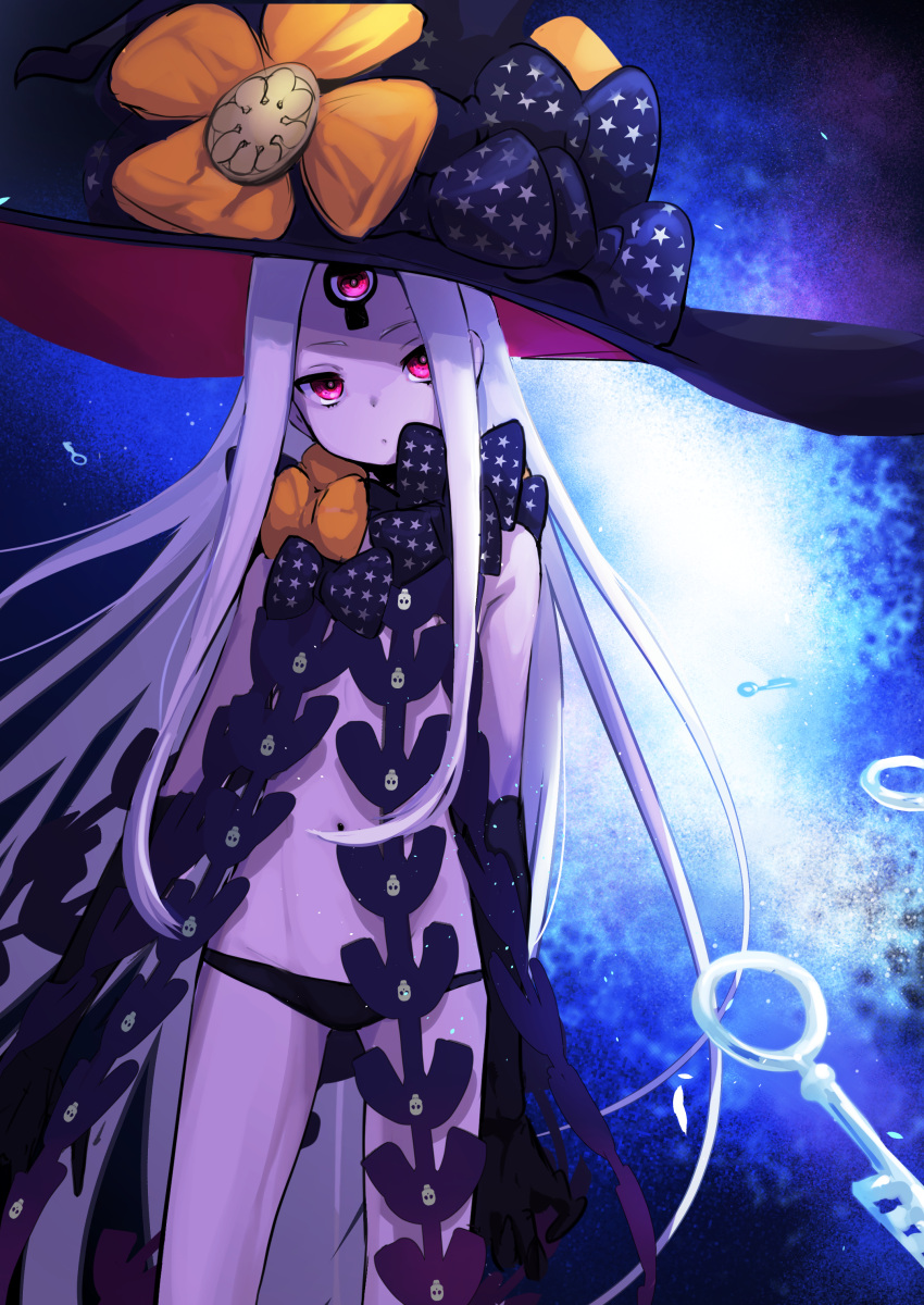 1girl abigail_williams_(fate) abigail_williams_(third_ascension)_(fate) absurdres bare_shoulders black_bow black_headwear black_panties blush bow breasts colored_skin fate/grand_order fate_(series) forehead hair_bow hat highres key keyhole long_hair looking_at_viewer mightyjump98 navel orange_bow panties parted_bangs polka_dot polka_dot_bow red_eyes small_breasts solo thighs third_eye underwear white_hair white_skin witch_hat