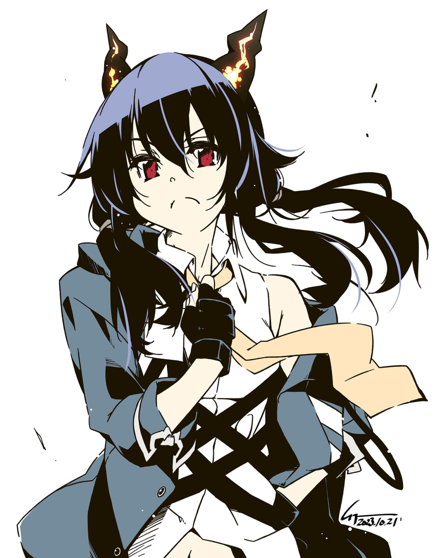 1girl adjusting_clothes adjusting_necktie arknights black_gloves black_horns blue_hair blue_jacket breasts ch'en_(arknights) collared_shirt commentary_request dated dragon_girl dragon_horns fingerless_gloves floating_hair frown gloves hair_between_eyes hand_on_own_hip highres horns jacket long_hair long_sleeves looking_at_viewer medium_breasts navel necktie off-shoulder_jacket off_shoulder open_clothes open_jacket red_eyes shikei shirt sidelocks simple_background single_bare_shoulder solo twintails white_background white_shirt yellow_necktie