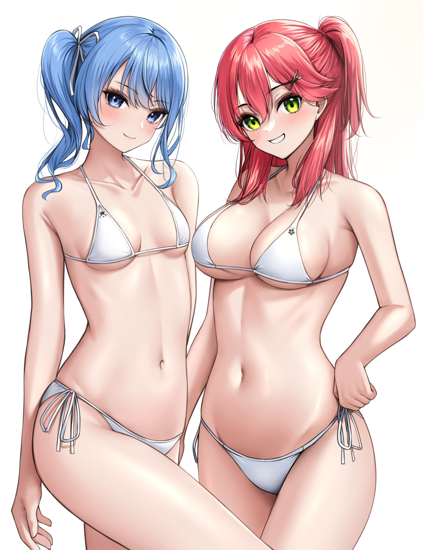 2girls absurdres ahoge bare_shoulders bikini blue_eyes blue_hair blush breasts cleavage closed_mouth collarbone green_eyes hair_between_eyes hair_ornament hairclip halterneck highres hololive hoshimachi_suisei laimer long_hair looking_at_viewer medium_breasts multiple_girls navel one_side_up outdoors pink_hair sakura_miko side-tie_bikini_bottom side_ponytail simple_background small_breasts smile star_(symbol) star_in_eye stomach string_bikini swimsuit symbol_in_eye virtual_youtuber white_background white_bikini x_hair_ornament