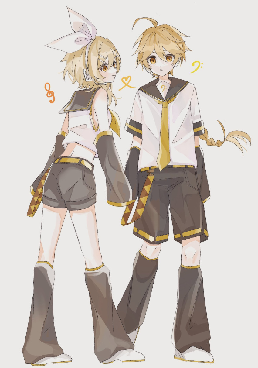 1boy 1girl 34twin22 aether_(genshin_impact) ahoge back belt black_shorts blonde_hair blush bow_hairband braid brother_and_sister brown_eyes closed_mouth cosplay crossover detached_sleeves from_behind full_body genshin_impact grey_background hair_between_eyes hair_ornament hairband hairclip headphones heart highres kagamine_len kagamine_len_(cosplay) kagamine_rin kagamine_rin_(cosplay) leg_warmers long_hair long_sleeves looking_at_viewer looking_back lumine_(genshin_impact) microphone neckerchief necktie pocket ribbon sailor_collar shirt shoes short_hair short_hair_with_long_locks short_sleeves shorts siblings sidelocks simple_background smile standing twins vocaloid white_footwear white_hairband white_ribbon white_shirt wide_sleeves yellow_belt yellow_neckerchief yellow_necktie