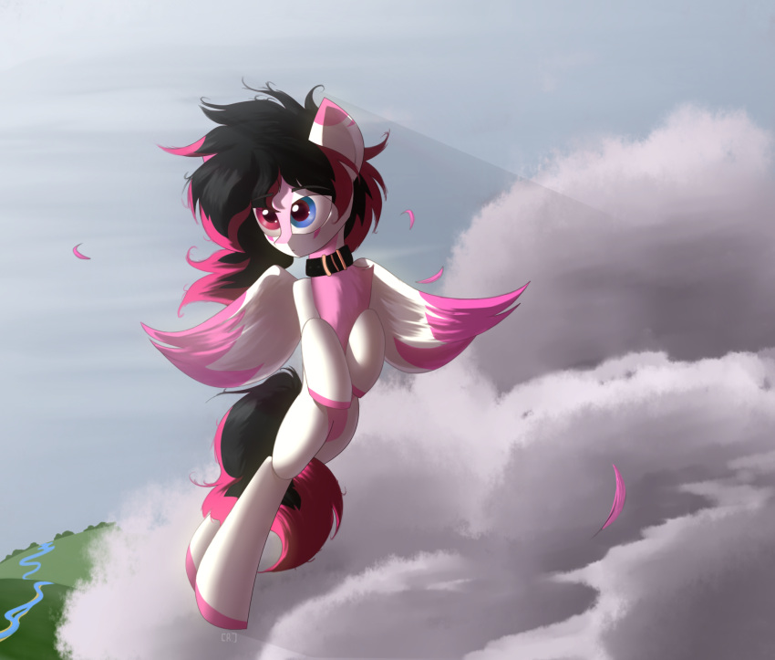 ambiguous_gender black_hair black_tail blue_eyes chest_tuft cloud collar digital_media_(artwork) equid equine fan_character feathers feral flying fur hair hasbro hi_res mammal multicolored_hair my_little_pony pegasus pink_body pink_feathers pink_fur pink_hair pink_tail rainydark red_eyes tail tuft two_tone_hair two_tone_tail white_body white_fur wings