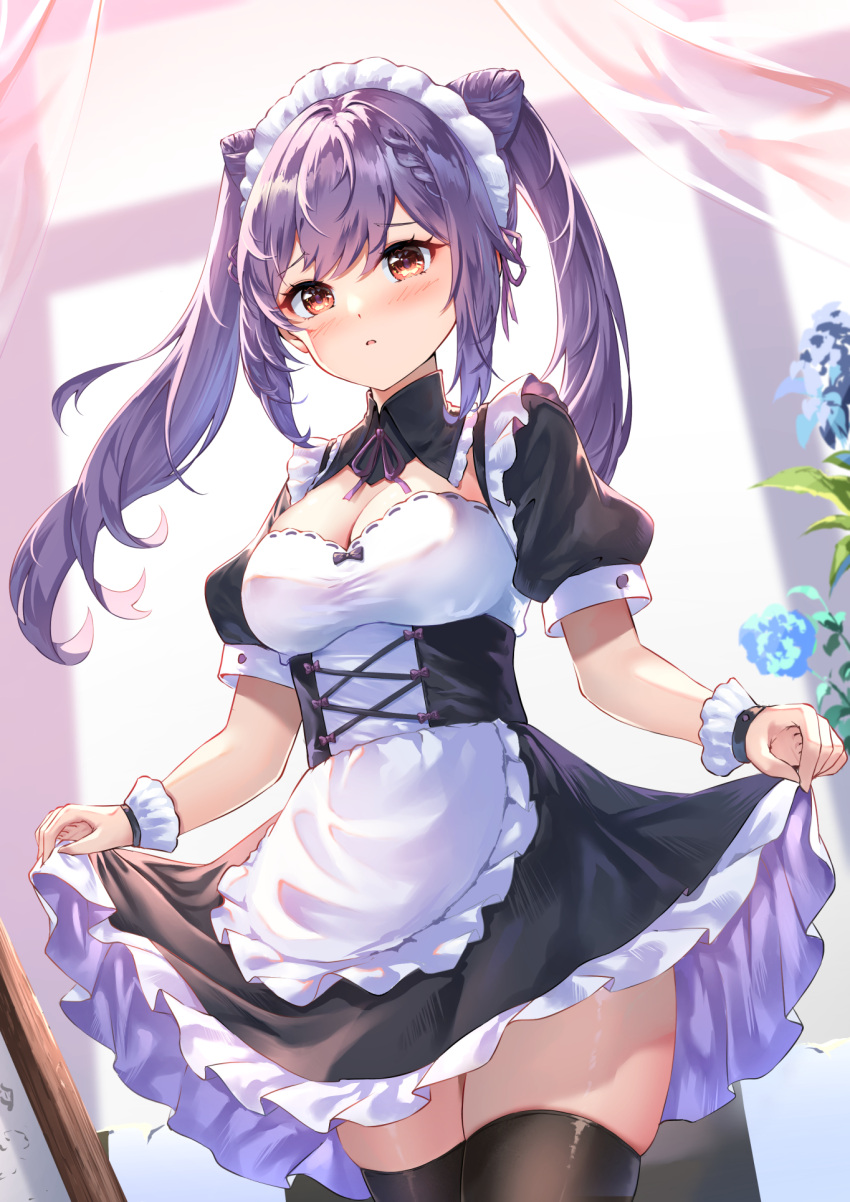 1girl apron black_dress black_thighhighs blue_flower blush braid breasts chahei cleavage commentary_request cone_hair_bun curtains dress flower frilled_apron frilled_dress frills genshin_impact hair_between_eyes hair_bun highres indoors keqing_(genshin_impact) long_hair looking_at_viewer medium_breasts parted_lips purple_hair red_eyes skindentation skirt_hold solo thighhighs transparent twintails white_apron window