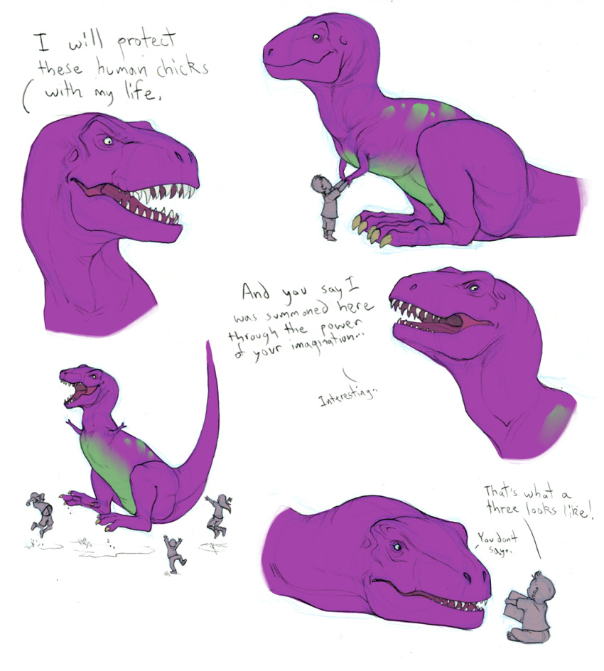 2022 3_toes barney_and_friends barney_the_dinosaur book child claws clothing dialogue dinosaur english_text feet female feral green_body group hand_holding hi_res hibbary human jumping male mammal nude purple_body reptile scalie teeth text toes young