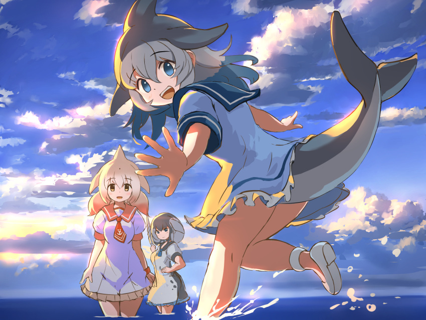 blowhole blue_dress blue_eyes blue_neckerchief blue_sky cetacean_tail chinese_white_dolphin_(kemono_friends) cloud common_bottlenose_dolphin_(kemono_friends) dolphin_girl dorsal_fin dress fins fish_tail frilled_dress frills grey_dress grey_hair hair_between_eyes head_fins highres kemono_friends koutsuu_(koutuukanseikan) multicolored_hair narwhal_(kemono_friends) neckerchief necktie ocean open_mouth orange_eyes pink_hair puffy_short_sleeves puffy_sleeves red_necktie sailor_dress short_hair short_sleeves short_twintails sidelocks sky smile tail twintails two-tone_dress two-tone_hair wading whale_girl white_dress white_footwear