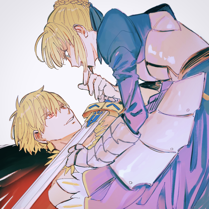 1boy 1girl ahoge armor artoria_pendragon_(fate) blonde_hair blue_dress blue_eyes braid braided_bun breastplate commentary_request dress earrings excalibur_(fate/stay_night) fate_(series) faulds finger_to_another's_mouth gauntlets gilgamesh_(fate) girl_on_top glaring gold_necklace grin hair_bun hand_up highres holding holding_sword holding_weapon jewelry juliet_sleeves lock lock_earrings long_sleeves looking_at_another looking_down lying necklace on_back open_mouth orange_eyes puffy_sleeves saber shaded_face short_hair single_hair_bun slit_pupils smile sword sword_to_throat v-shaped_eyebrows weapon zumu_(quw87)