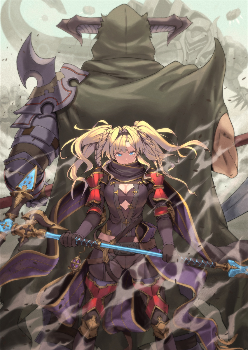 1boy 1girl armor back-to-back black_scarf blonde_hair blue_eyes breasts cleavage draph duplicate granblue_fantasy highres holding holding_polearm holding_weapon long_hair looking_at_viewer pauldrons pixel-perfect_duplicate polearm scarf shoulder_armor spear tekkai_blade twintails vaseraga weapon zeta_(granblue_fantasy)