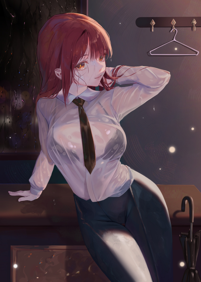 1girl absurdres black_bra black_necktie black_pants bra bra_visible_through_clothes breasts chainsaw_man clothes_hanger collared_shirt hair_down highres large_breasts looking_at_viewer makima_(chainsaw_man) medium_hair necktie nekobell pants red_hair ringed_eyes shirt shirt_tucked_in sidelocks solo umbrella underwear wet wet_clothes wet_hair wet_shirt white_shirt yellow_eyes