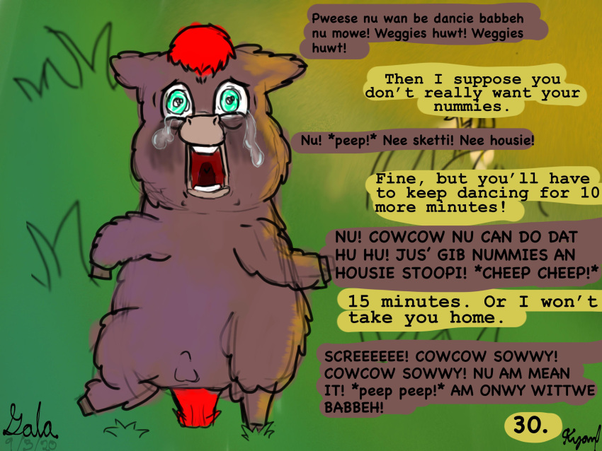 2020 absurd_res abuse animal_genitalia balls begging bodily_fluids comic crying dancing dark_body dark_fur divinesugarcrush fluffy_pony fluffy_pony_(species) fur genitals grass grey_body grey_fur hair hi_res male mammal on_ground on_hind_legs outside pain plant psychological_torture red_hair red_tail sheath tail teal_eyes tears tricked