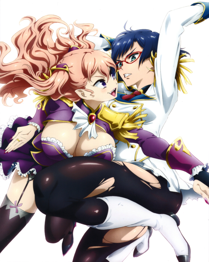 2girls absurdres blue_eyes blue_hair boots breasts charlotte_shalzen cleavage epaulettes face-to-face fangs fighting garter_straps glasses hair_ornament highres huge_breasts kaneko_hiraku large_breasts long_hair multiple_girls nail_polish necktie official_art open_mouth pantyhose pink_hair purple_eyes red-framed_eyewear scan shigure_kasumi short_hair simple_background skirt thighhighs uniform valkyrie_drive valkyrie_drive_-mermaid- white_background