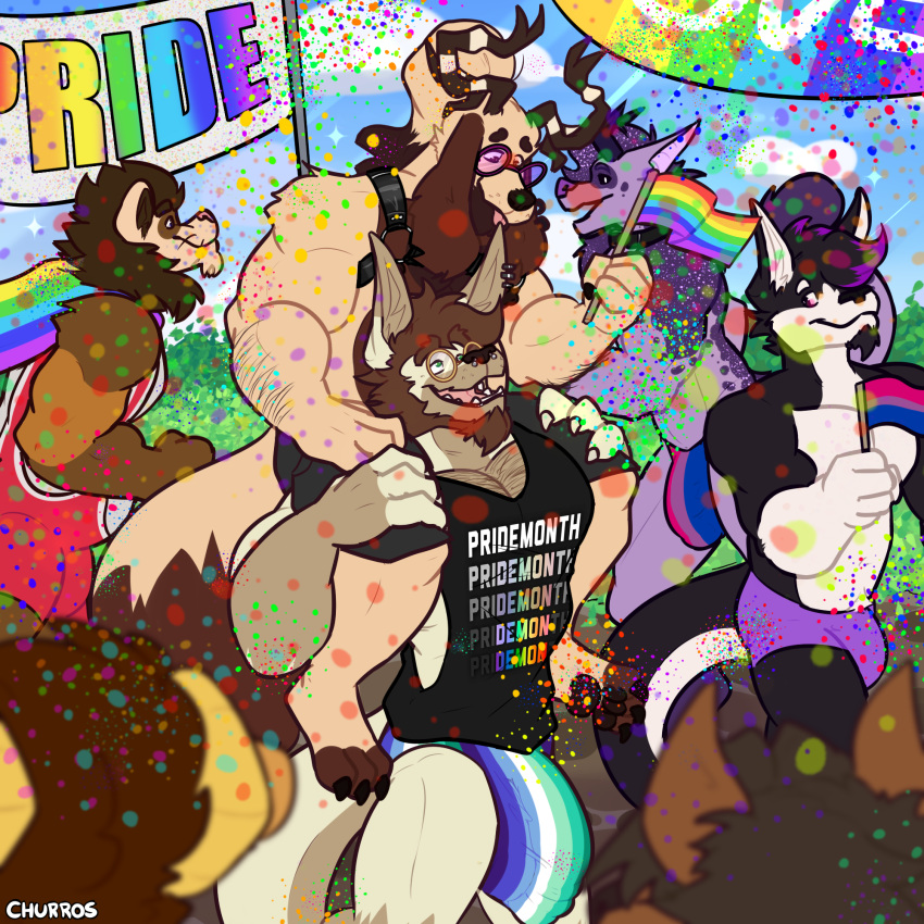 ambiguous_gender anthro bisexual_pride_colors bobfirrer bulge canid canine churros_(churrosolixoso) churrosolixoso clothed clothing digital_media_(artwork) facial_hair flag flag_(object) group hi_res holding_object horn kangaroo lgbt_pride macropod male mammal marsupial muscular muscular_anthro muscular_male pride_color_clothing pride_color_flag pride_colors pride_month rainbow_flag rainbow_pride_colors rainbow_pride_flag rainbow_symbol six-stripe_rainbow_pride_colors smile topless topwear underwear unknown_character vincian_pride_colors