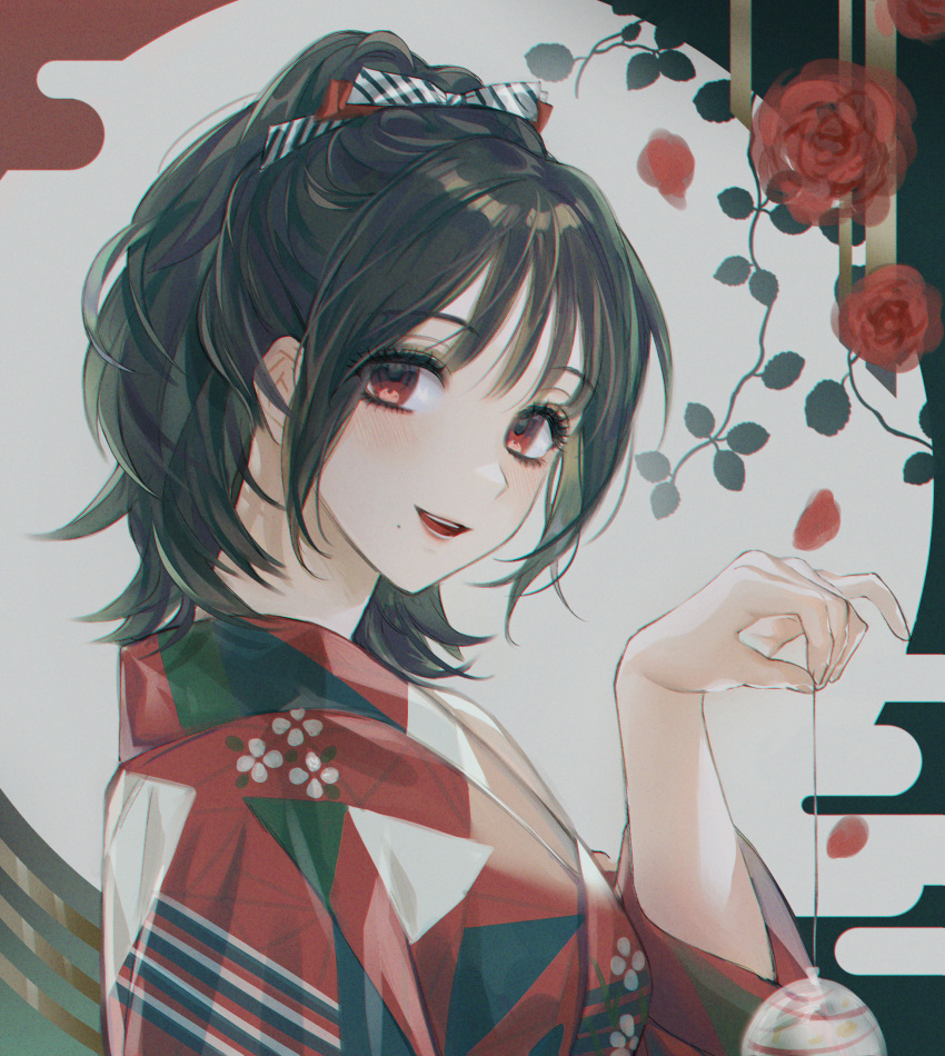 1girl :d black_hair blush bow egasumi falling_petals flower from_side hair_bow head_tilt highres holding holding_toy japanese_clothes kimono long_bangs long_sleeves looking_at_viewer ma_yoyo medium_hair mole mole_under_mouth open_mouth original petals print_kimono red_eyes red_flower red_kimono red_rose rose sidelocks smile solo striped striped_bow teeth toy upper_body yo-yo yukata