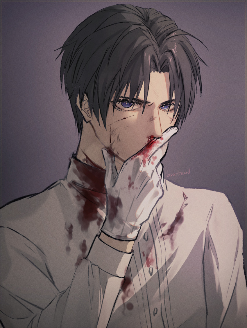 1boy artist_name black_hair bleeding blood blood_on_clothes blood_on_face blood_on_gloves blue_hair bright_pupils chromatic_aberration covering_mouth cuts film_grain gloves grey_background hand_over_own_mouth heshikiri_hasebe highres injury llxxxhhxxxll long_sleeves looking_at_viewer male_focus nosebleed parted_bangs shirt short_hair simple_background solo torn_clothes touken_ranbu upper_body white_gloves white_pupils white_shirt