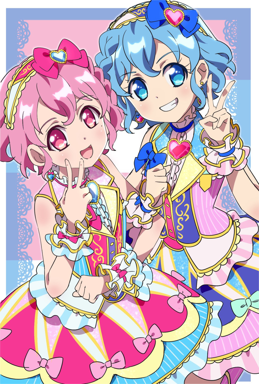 1boy 1girl :d blue_bow blue_eyes blue_hair blue_skirt blue_vest bow braid brother_and_sister bubble_skirt center_frills curly_hair dorothy_west earrings edamame_(buruburu) frilled_hairband frills grin hair_between_eyes hairband hand_up hands_up heart heart_earrings highres idol_clothes jewelry leona_west locked_arms looking_at_viewer mole mole_under_eye open_mouth otoko_no_ko pink_bow pink_eyes pink_hair pink_skirt pink_vest pretty_(series) pripara shirt short_hair siblings side_braid skirt smile teeth twins v vest white_hairband white_shirt wrist_cuffs