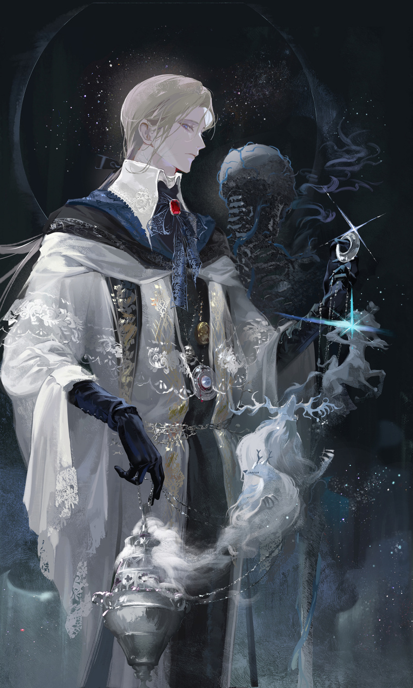 1boy black_background black_gloves black_ribbon blonde_hair bloodborne bloodytongue666 closed_mouth crescent gem gloves highres holding jewelry laurence_the_first_vicar_(human) long_hair looking_at_viewer male_focus neck_ribbon necklace profile ribbon robe skull smoke solo white_robe