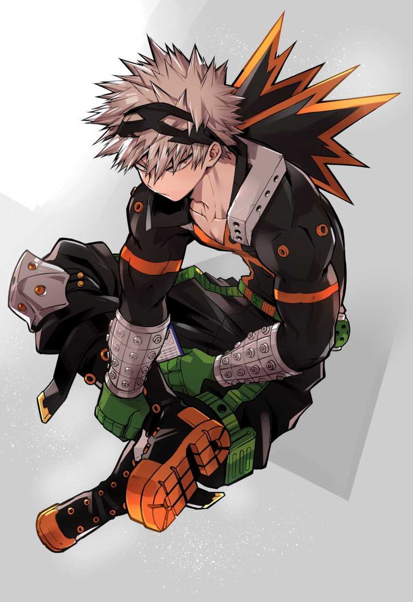 1boy adam's_apple alternate_hair_color baggy_pants bakugou_katsuki belt between_legs biceps black_footwear black_mask black_pants boku_no_hero_academia boots brown_hair card chiyaya closed_mouth collarbone combat_boots explosive eye_mask figure_four_sitting from_above frown full_body gloves green_gloves grenade grey_background hair_between_eyes hand_between_legs hand_on_own_leg headgear high_collar highres holding holding_card invisible_chair knee_boots knee_pads leaning_forward looking_at_viewer looking_to_the_side looking_up male_focus mask mask_on_head open_collar orange_eyes pants radar_chart sanpaku shoe_soles short_hair sideways_glance single_horizontal_stripe sitting snap-fit_buckle solo spiked_hair trading_card v-neck wrist_guards