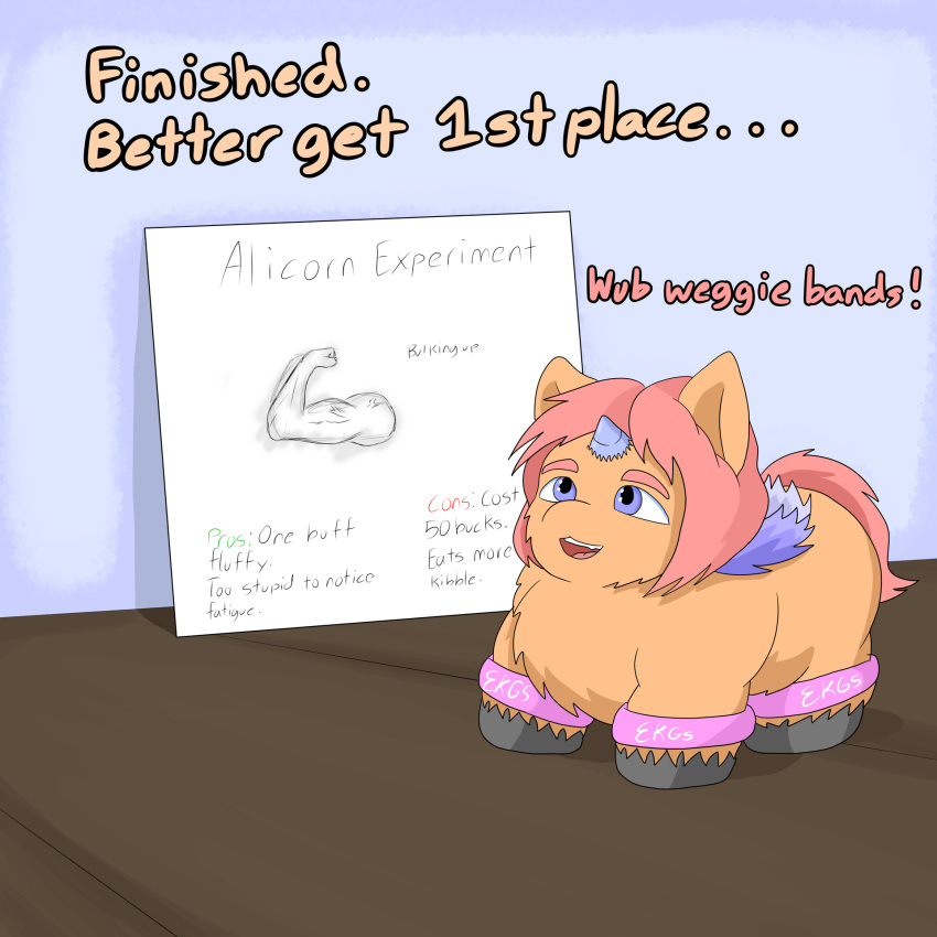 ambiguous_gender arisenleaf baby_talk blue_eyes dialogue drawing english_text equid equine feral fluffy_pony fur hair hi_res horn mammal orange_body orange_fur red_hair resistance_bands solo text winged_unicorn wings