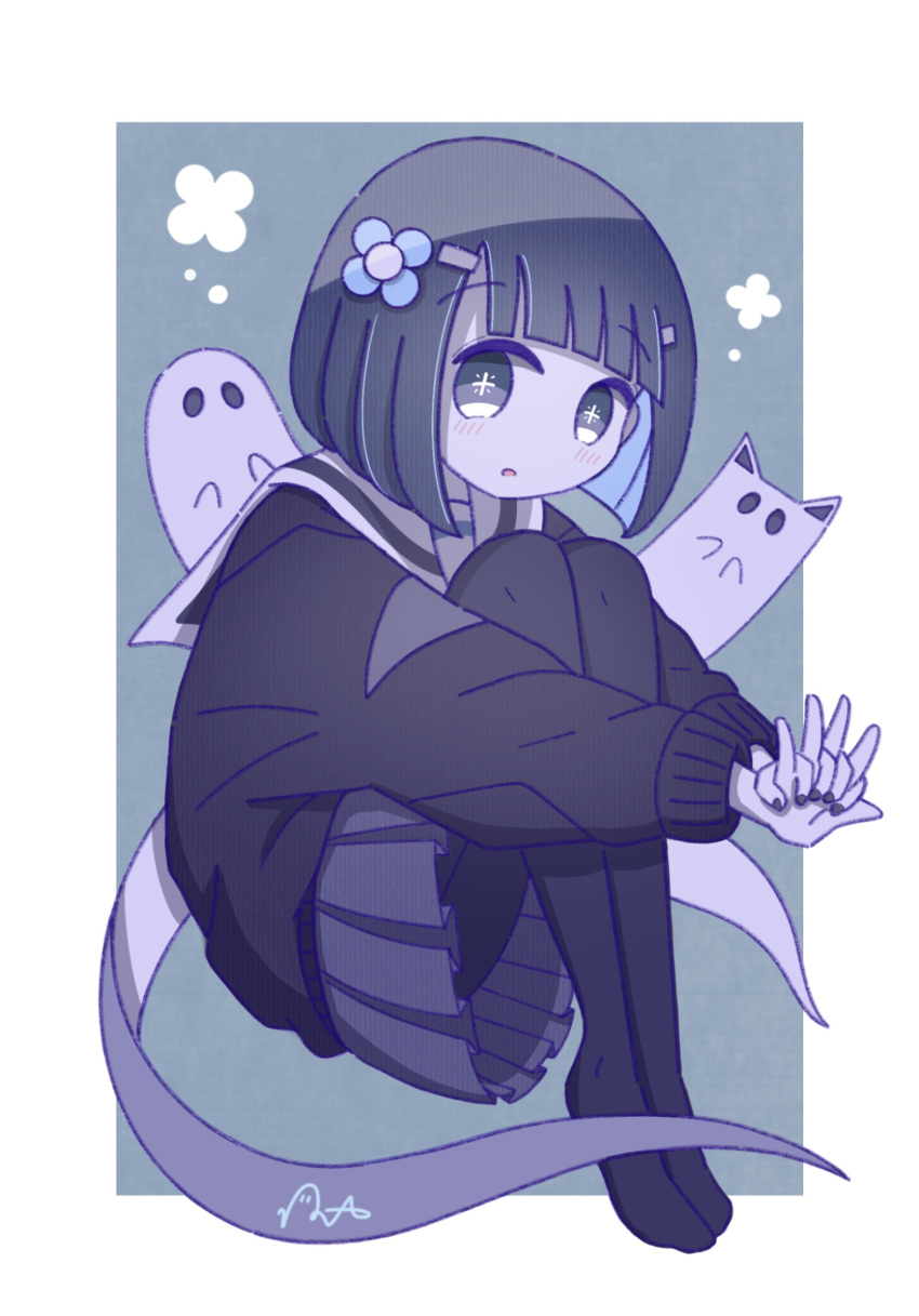 1girl :o black_cardigan black_hair black_pantyhose blue_flower blue_hair blunt_ends bob_cut border cardigan cathead colored_inner_hair commentary cross-shaped_pupils flower full_body ghost grey_background grey_skirt hair_flower hair_ornament highres knees_up light_blush long_sleeves looking_at_viewer multicolored_hair no_nose omochi_noa original own_hands_clasped own_hands_together pantyhose sailor_collar school_uniform serafuku short_hair signature simple_background sitting skirt solid_oval_eyes solo symbol-shaped_pupils uniform white_border