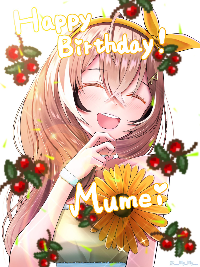 1girl ahoge alternate_costume berry brown_hair closed_eyes crossed_bangs dress english_text fingernails flower happy_birthday highres hololive hololive_english laughing light_particles lily_lily multicolored_hair nanashi_mumei smile streaked_hair sundress sunflower teeth upper_teeth_only virtual_youtuber yellow_dress