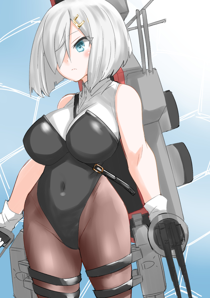 1girl 30-06 adapted_turret anti-aircraft anti-aircraft_gun black_leotard black_pantyhose blue_eyes blush breasts cannon covered_navel cowboy_shot gloves grey_hair hair_ornament hair_over_one_eye hairclip hamakaze_(kancolle) highres kantai_collection large_breasts leotard machinery pantyhose short_hair solo torpedo_tubes white_gloves