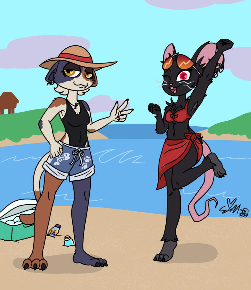 anthro barefoot beach bikini bikini_top camille_(fortnite) claws clothing cooler digital_media_(artwork) domestic_cat duo ear_piercing ear_ring epic_games erynerikard eyewear feet felid feline felis female fortnite gesture hat headgear headwear hi_res mammal meow_skulls_(fortnite) murid murine one-piece_swimsuit piercing rat ring_piercing rodent sarong seaside shield_potion slap_juice sun_hat sunglasses swimming_trunks swimwear v_sign