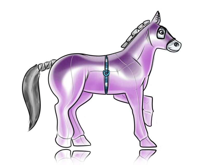 2023 adeer ambiguous_gender black_tail clothing d-ring digital_media_(artwork) equid equine feral horse looking_forward mammal one_leg_up purple_spandex raised_leg reflection simple_background skinsuit smile solo spandex spandex_suit standing tail tight_clothing white_background wrapped_tail zipper