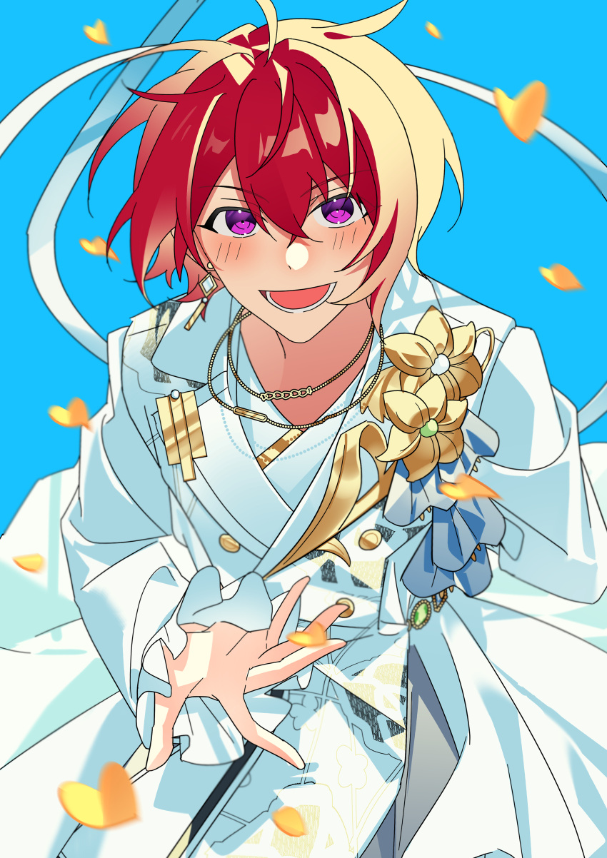 1boy absurdres blue_background blush buttons commentary earrings ensemble_stars! flower gold_necklace heidbd highres jewelry lapels long_sleeves lower_teeth_only male_focus necklace notched_lapels open_mouth purple_eyes red_hair short_hair single_earring solo suou_tsukasa teeth